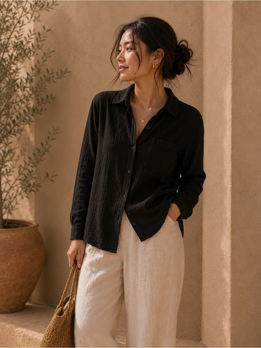 RACHEL ROY | 100% Cotton Shirt | Black Gauze Double-Cloth Button-Down Blouse